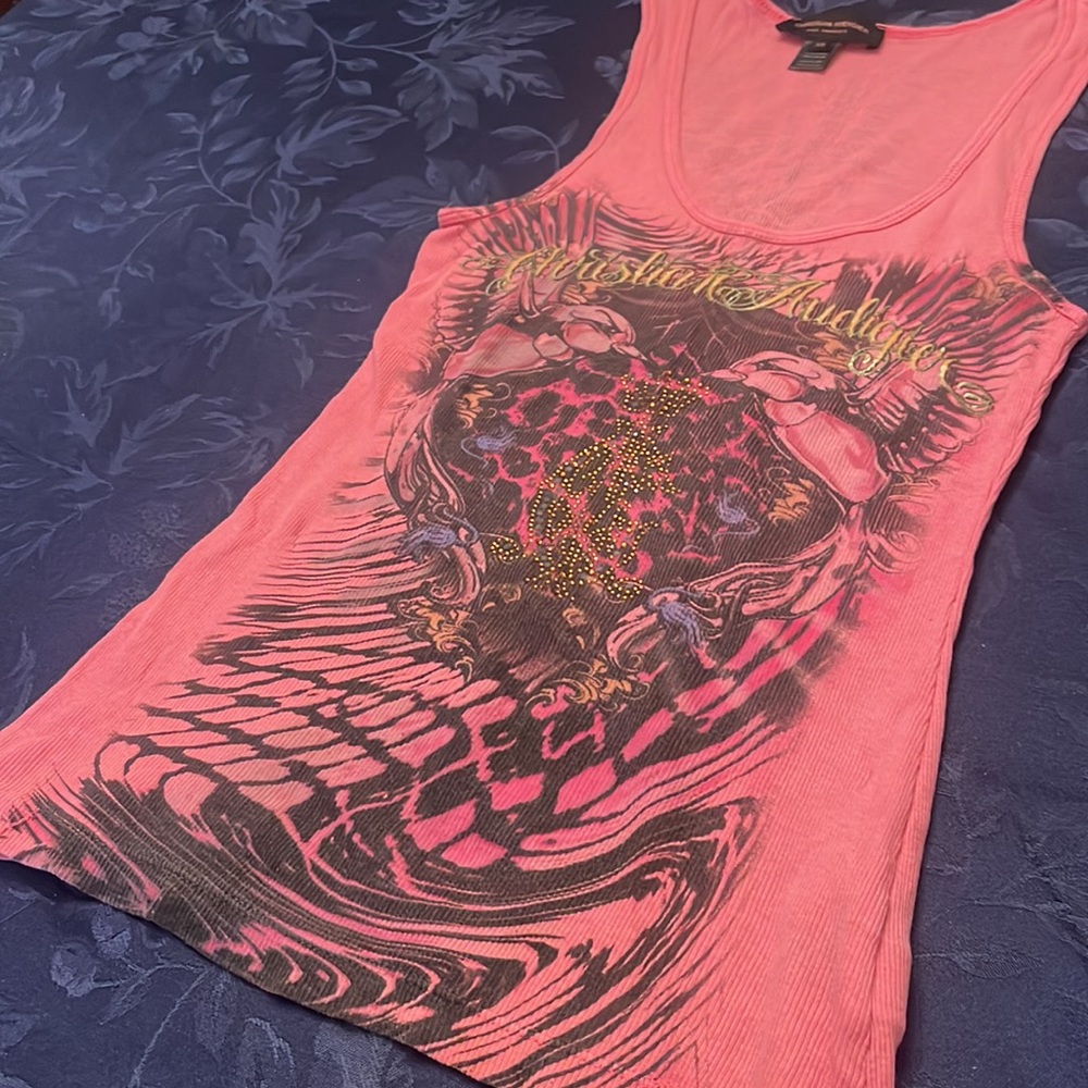 👑 Christian Audigier pink rhinestone animal print tank top ribbed XS